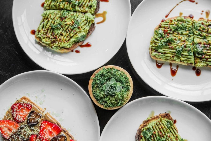 Plates with delicious toast with spreads