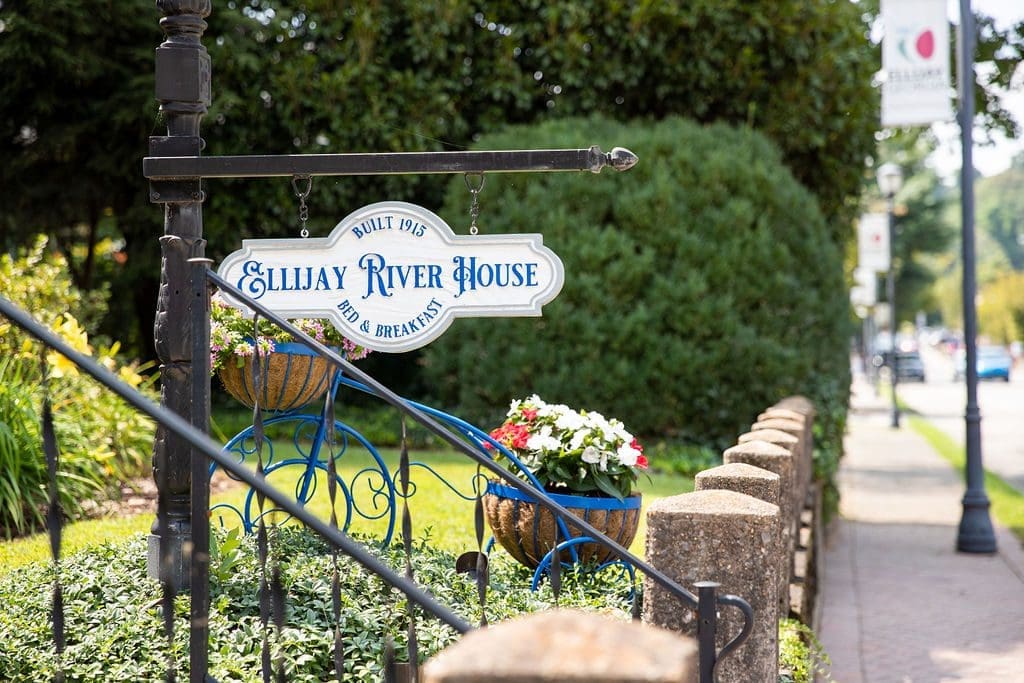 exterior sign for Ellijay River House Bed & Breakfast
