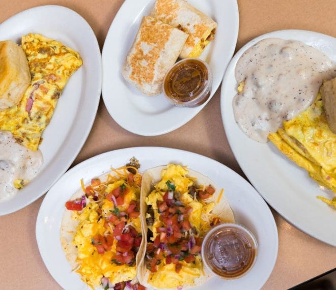 various omelets and breakfast meals