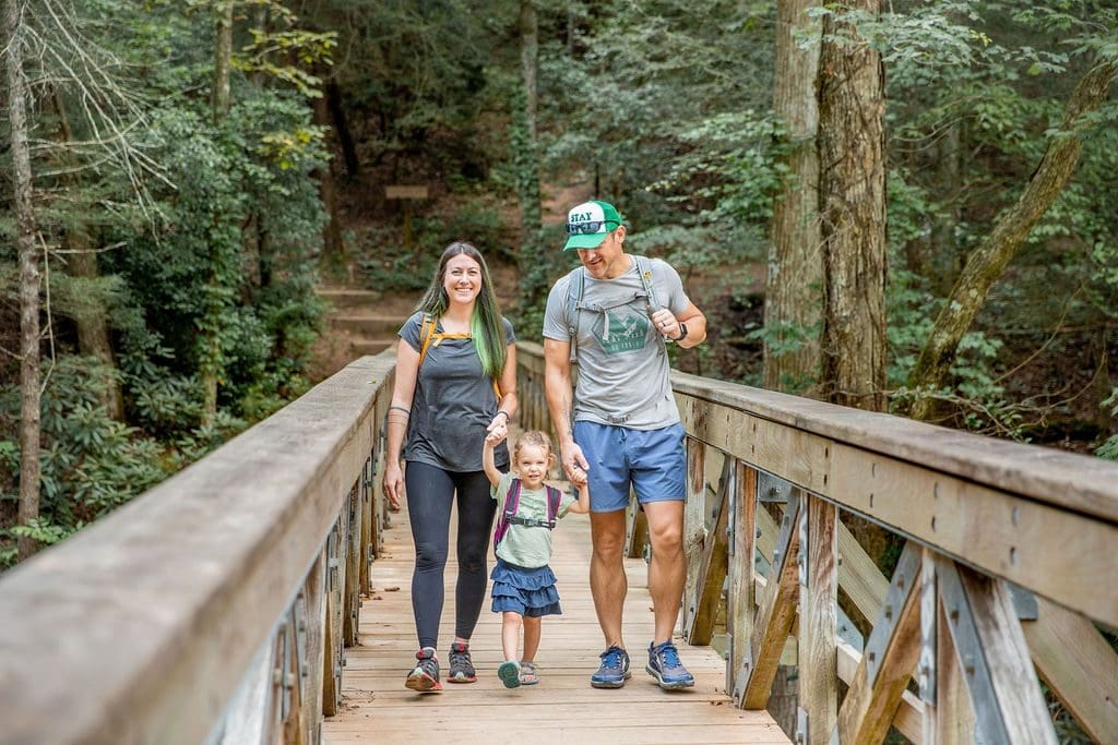 A family walking across a bridge