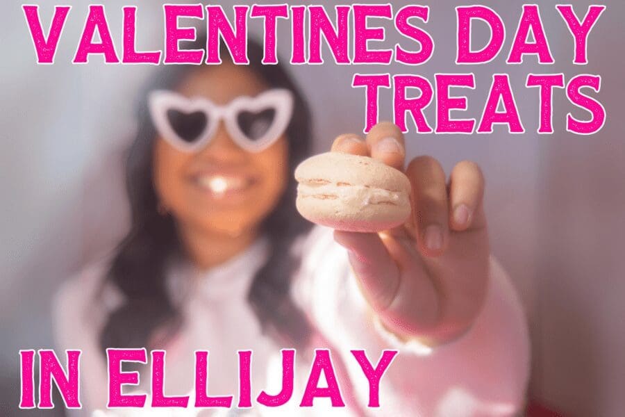 valentines day in ellijay graphic. girl holding macaroon